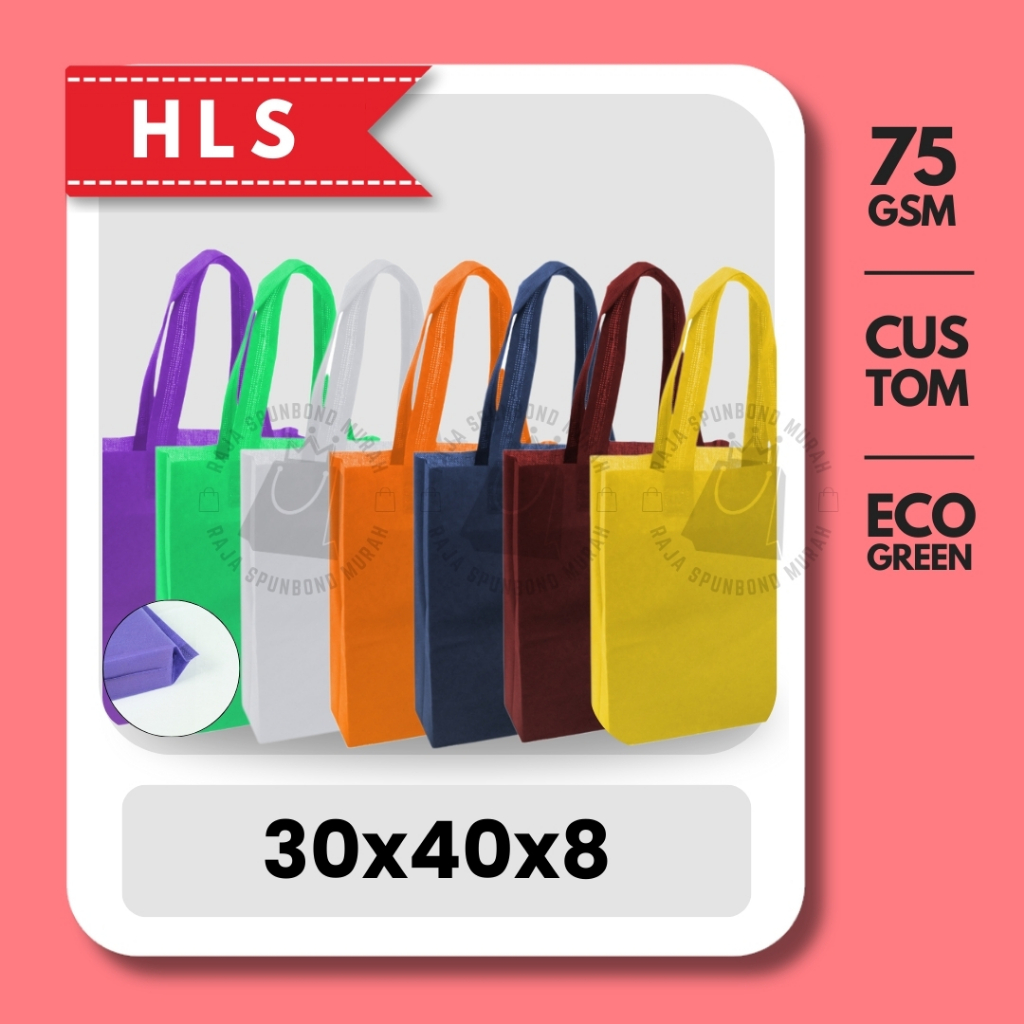 

HLS CUSTOM 75GSM Tas Goodie Bag Kain Spunbond Laken Desain Sablon Ukuran 30x40x8 CM Tebal