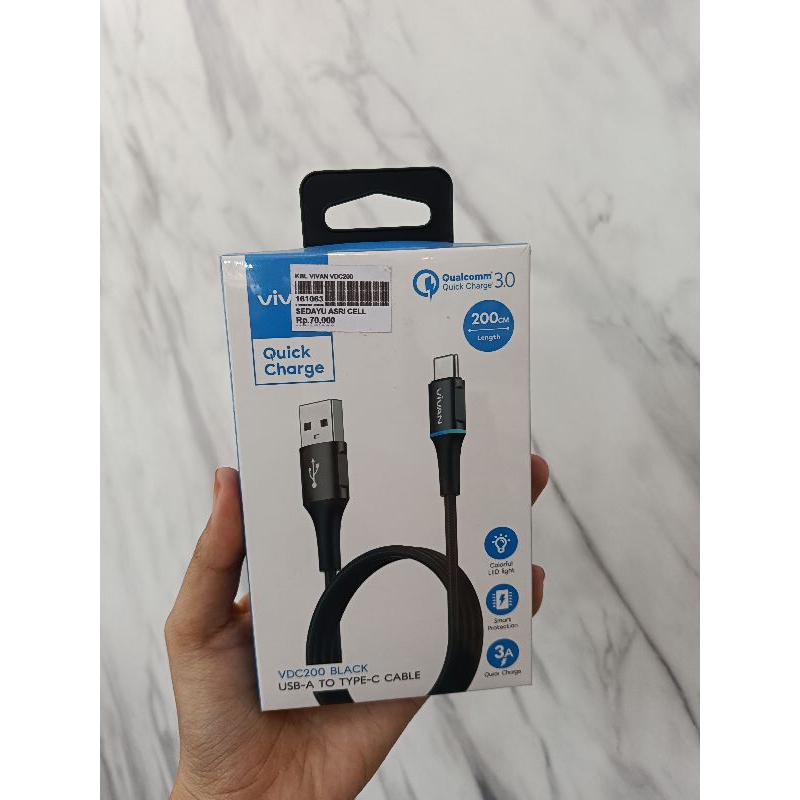 KABELDATA VIVAN VDC200 BLACK TYPE-C 3A FASTCHARGING ORIGINAL VIVAN