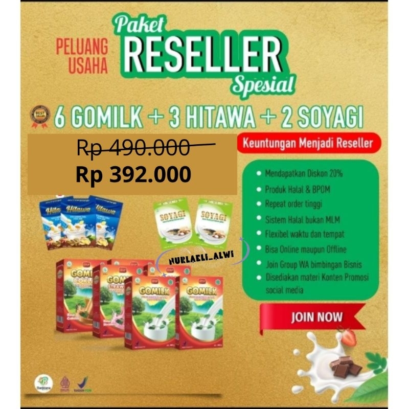 

PAKET RESELLER SPESIAL GOMILK SUSU KAMBING HERBAL HITAWA SOYAGI SUSU DIET