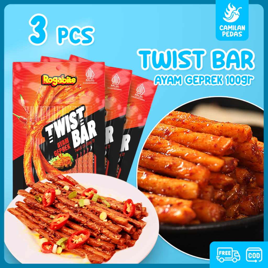 

Camilan Pedas - [3pcs] Juicy Bar & Twist Bar Cemilan Stik Viral 100gr Snack Tinggi Protein Makanan Ringan