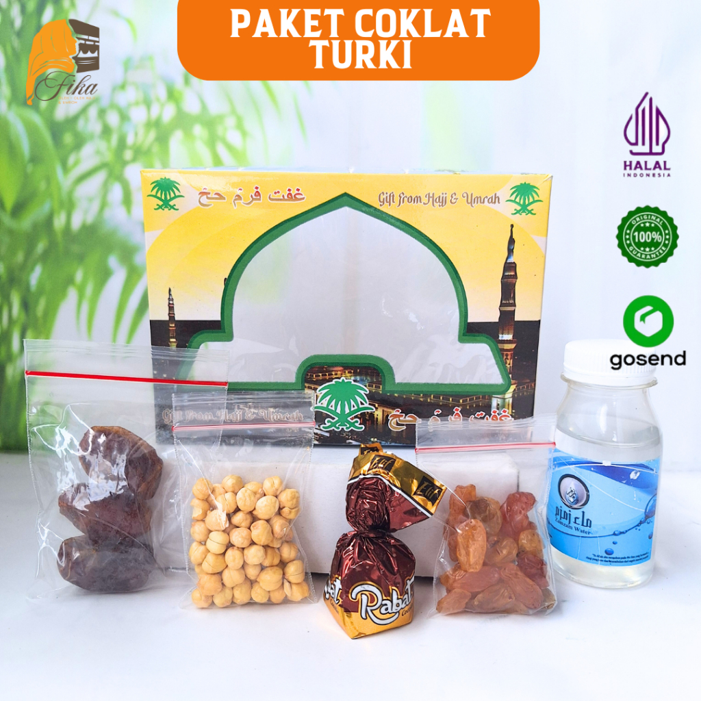 

Paket Oleh Oleh Haji dan Umroh Gift Hampers Kemasan Dus Air zamzam Ori 60ml Kurma Khalas