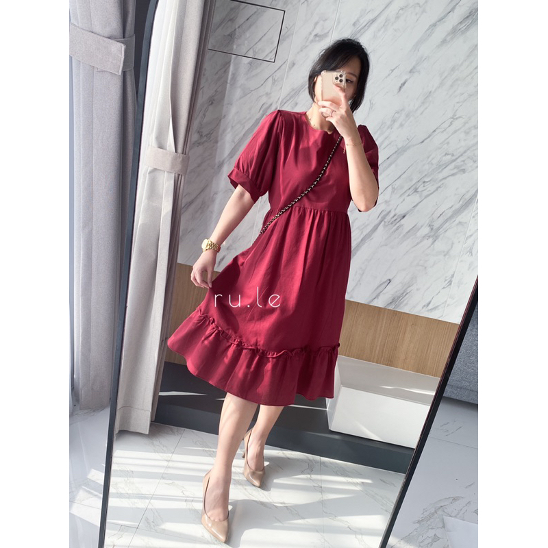 RULE LABEL Jolly Dress - Pakaian Baju Terusan Wanita Linen Midi Dress Merah Maroon Hijau