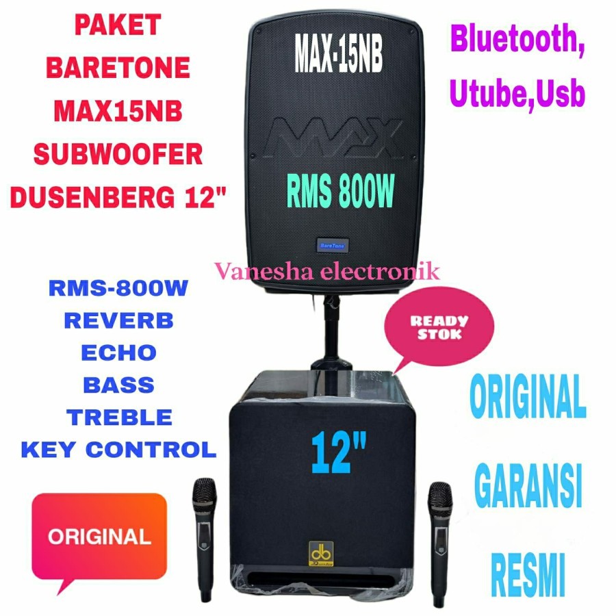 Paket Sound System Speaker Portable 15 Inch Baretone MAX15NB+Subwoofer Aktif Dusenberg 12 Inch Fosta