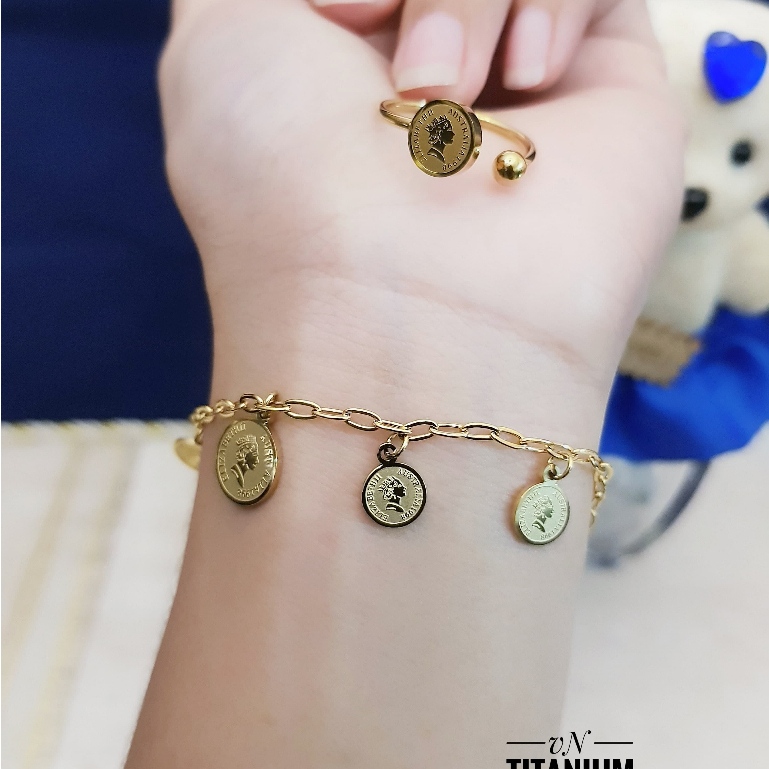 Set Gelang Cincin Titanium Koin Gold Li99