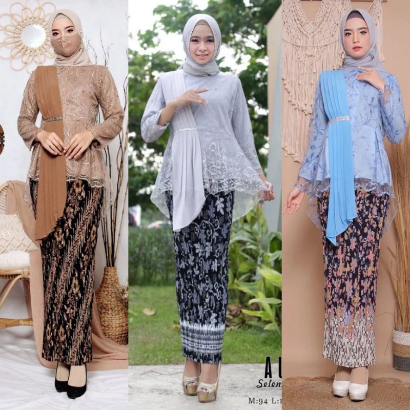 Setelan Kebaya Selendang Wisuda Modern / Kebaya Aurora Selendang Tile Mix Rok Plisket Pingwin / Keba