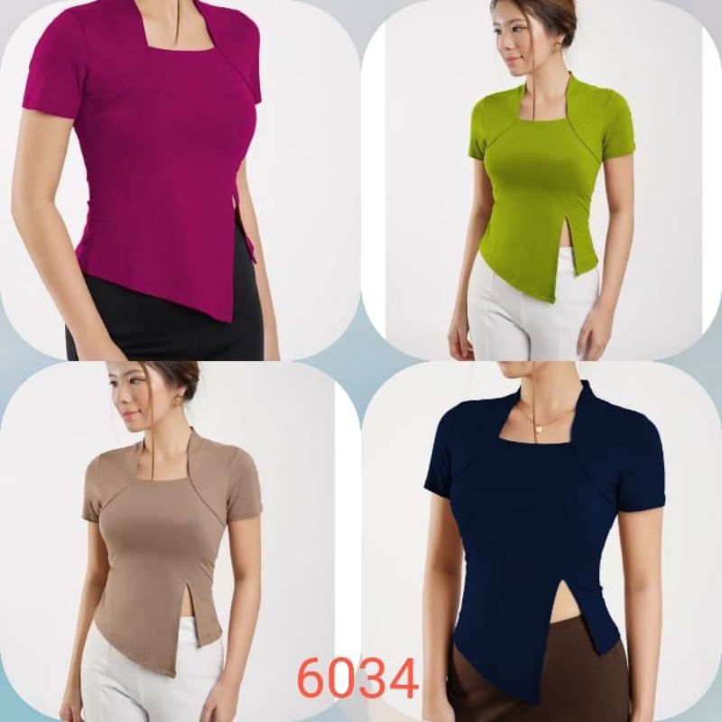 kaos wanita square neck polos belah samping -kaos lengan pendek -kaos spandek rayon 6034