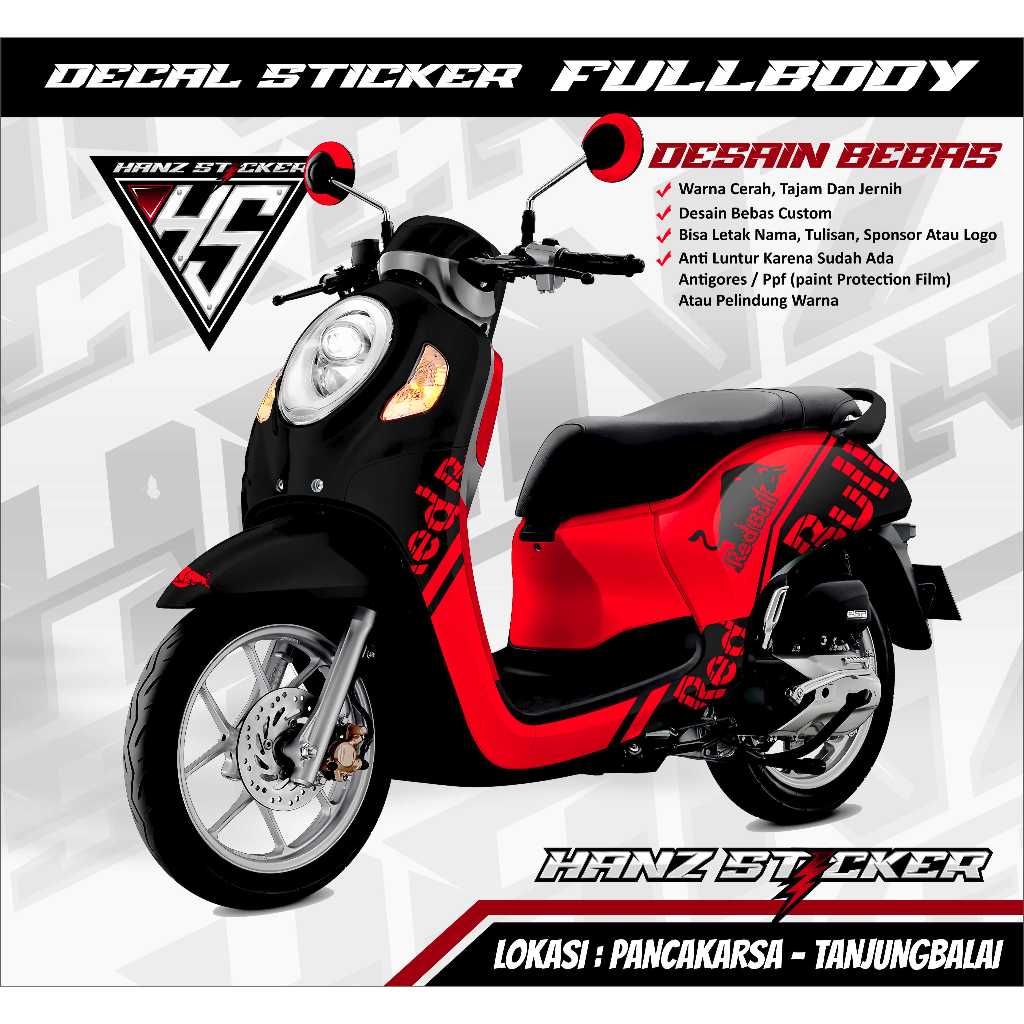 Decal Stiker Scoopy 2021 MERAH HITAM -  Bisa di muat ke semua scoppy - Motif Desain Redbull Fullbody
