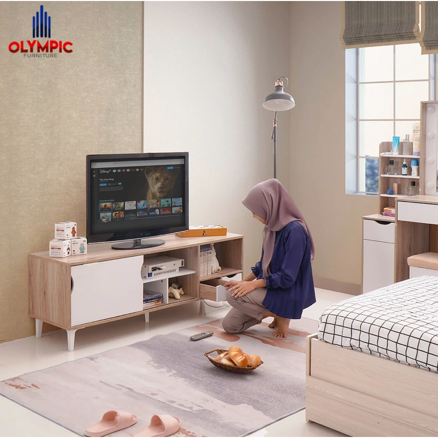 Meja TV Rak Televisi Buffet Kayu Panel AVR Minimalis Putih Olympic Putih/Jati
