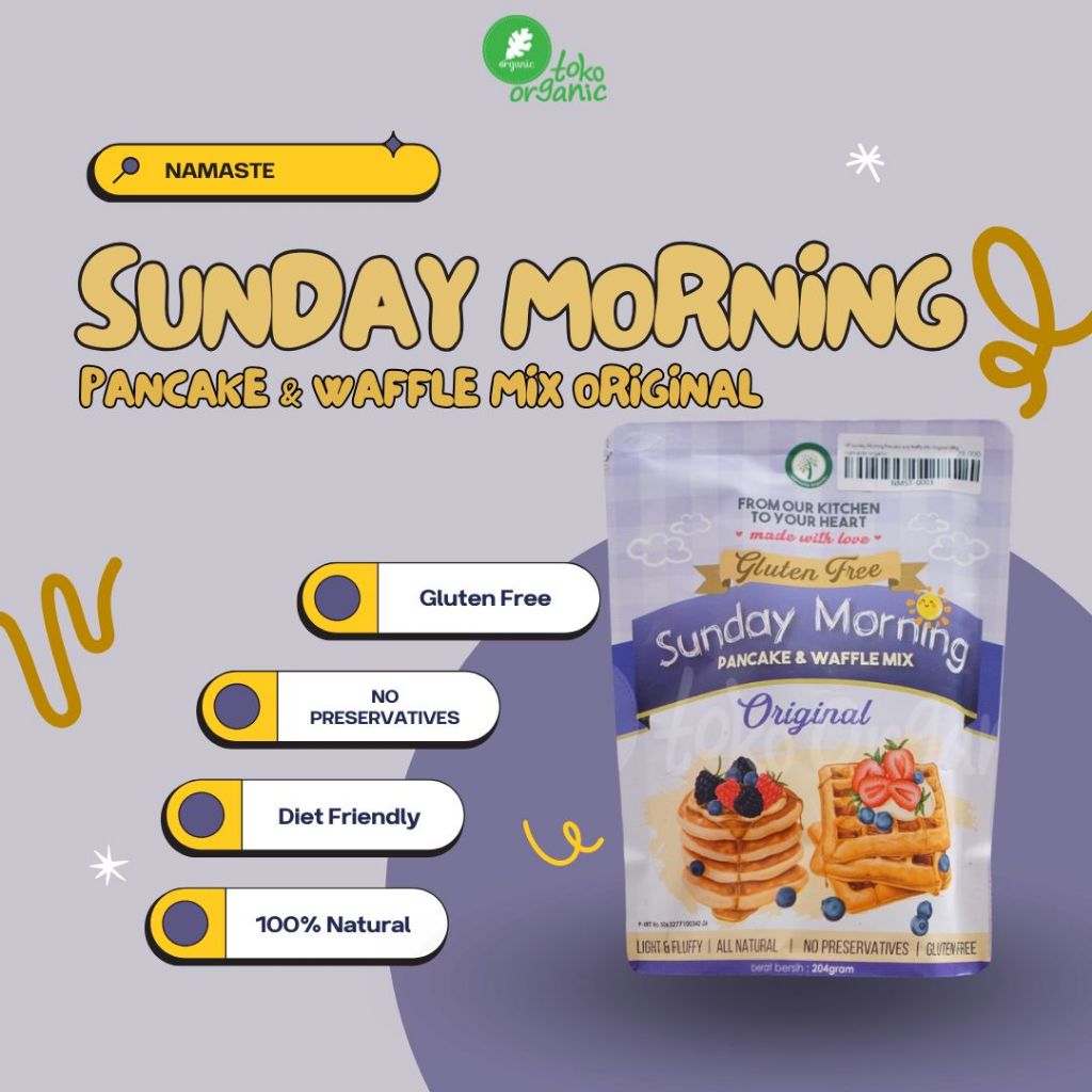 

Namaste Sunday Morning Gluten Free Pancake and Waffle Mix Original (204gr) Tepung Pancake Bebas Gluten, Tepung Waffle Bebas Gluten, Pancake Diet Friendly, Tepung Pancake Rendah Lemak dan Rendah Gula