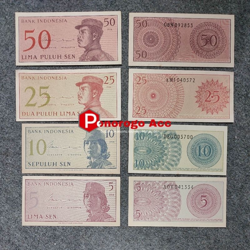 Paket uang kuno 4 lembar Dwikora Sukarelawan 5 sen 10 sen 25 sen 50 sen tahun 1964
