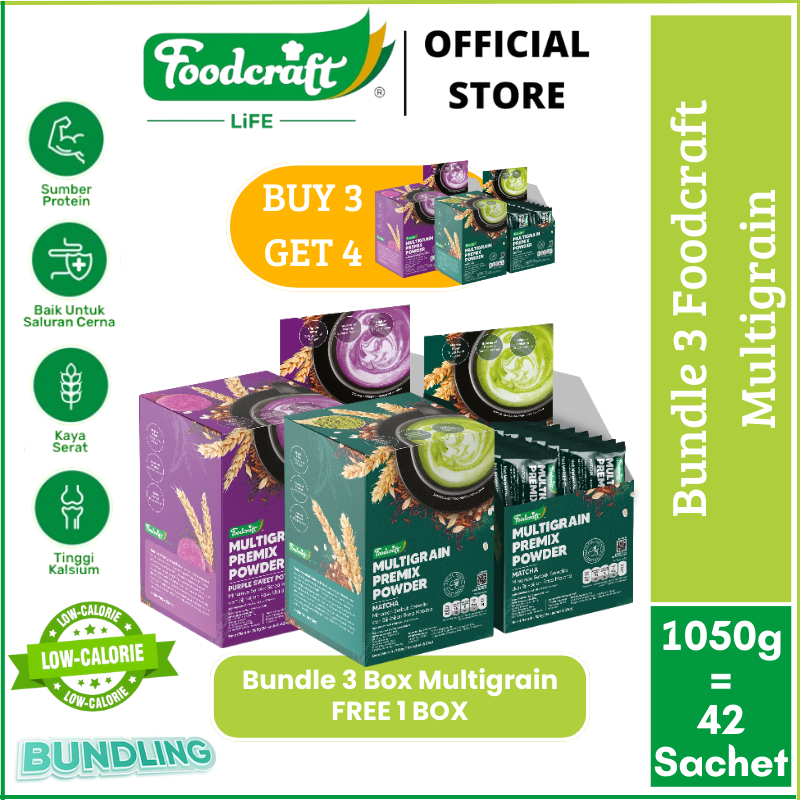 

【Bundle Mix 3 Box FREE 1 Box】Foodcraft Premix Multigrain Pengganti Makan Kaya Serat Rendah Kalori Kombo 3 Box Purple Matcha