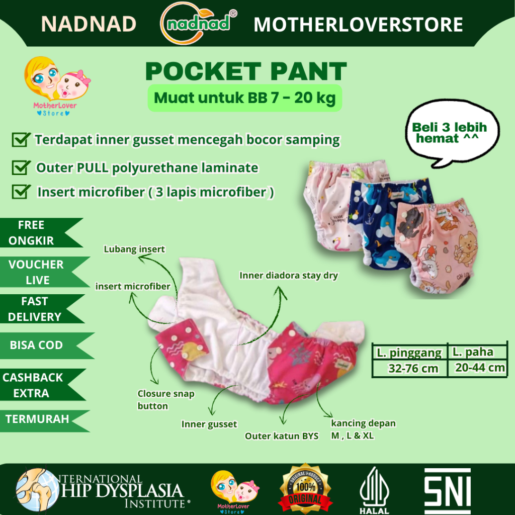 Clodi Nadnad by Sakina  Popok kain Cloth diaper Murah Pocket Pants velcro
