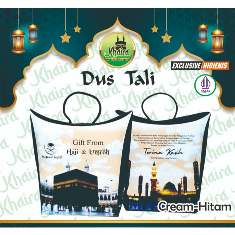 

Grosir Dus Oleh Oleh Haji Dan Umroh Teng-Teng Tali Kardus Warna Cream-Hitam. 1 pack isi 25 pcs