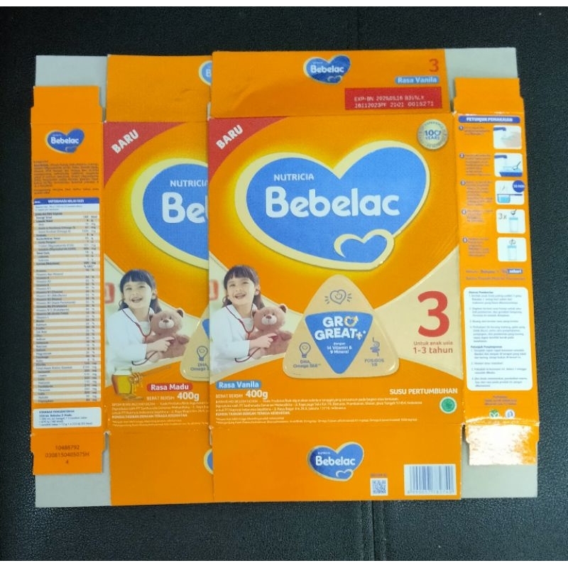 Kardus bekas susu Bebelac 3 & 4 400 gr