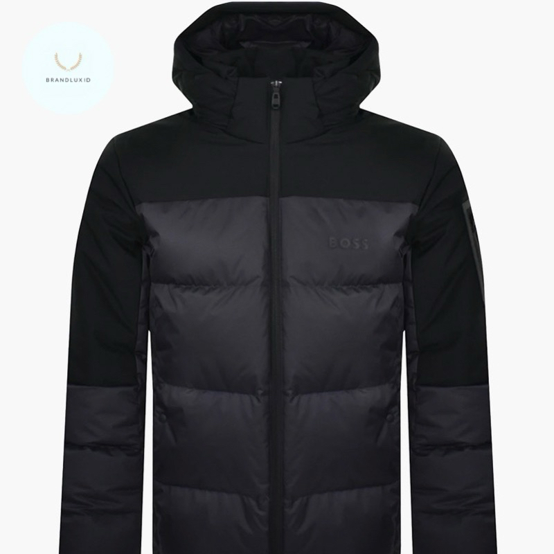 Hugo Boss Men J-Hamar 3 Water Repellent Down Jacket in Navy Blue with Detachable Hoodie