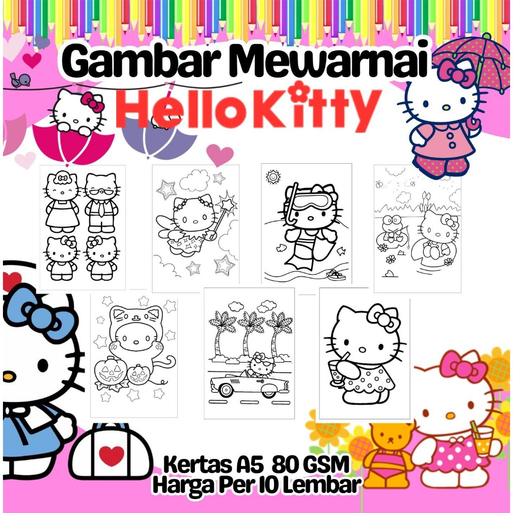 

10 Lembar Kertas A5 Gambar Mewarnai Tema HELLO KITTY Termurah - Anak Anak TK SD PAUD Remaja