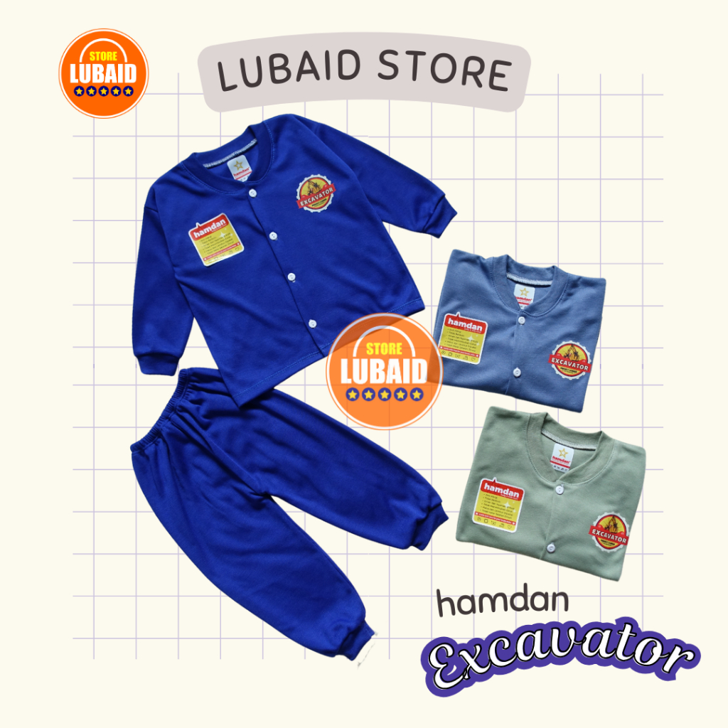 [SPY-HD07] LUBAID STORE, Setelan Baju Bayi 3 - 18 Bulan, HAMDAN Excavator, Kancing Depan, Kaos Piyam