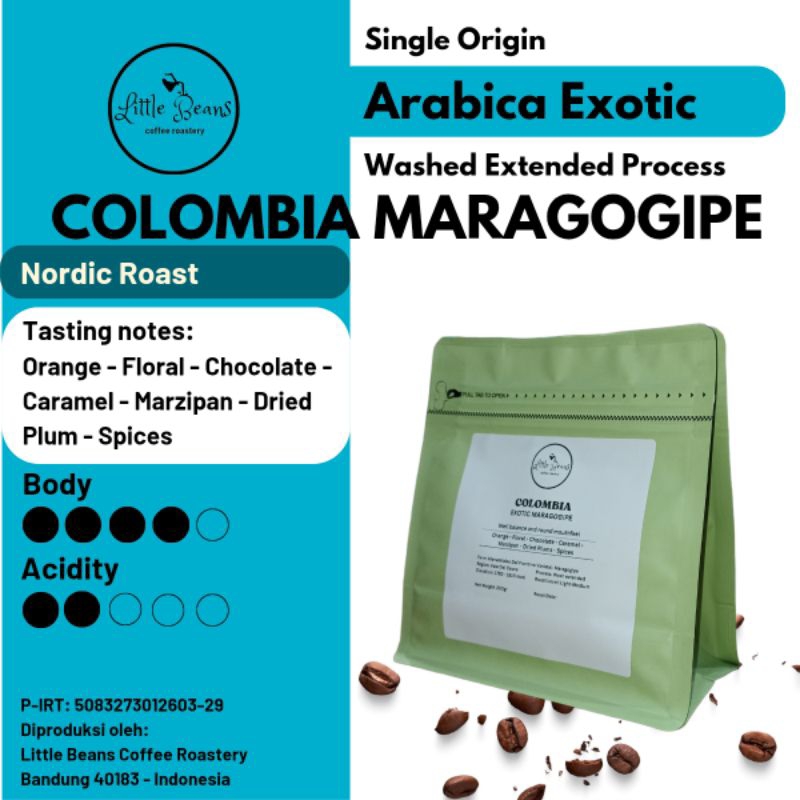 

Kopi Arabica Colombia Exotic Maragogipe 200gr/100gr Biji/Bubuk