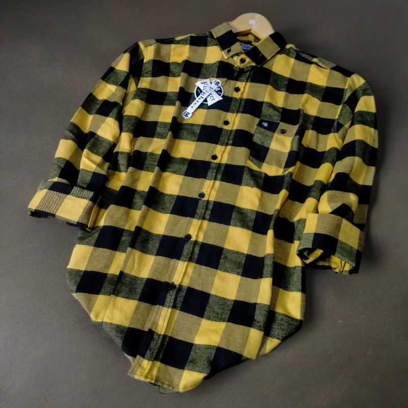 kemeja flanel wanita dan pria kotak kuning hitam lengan panjang