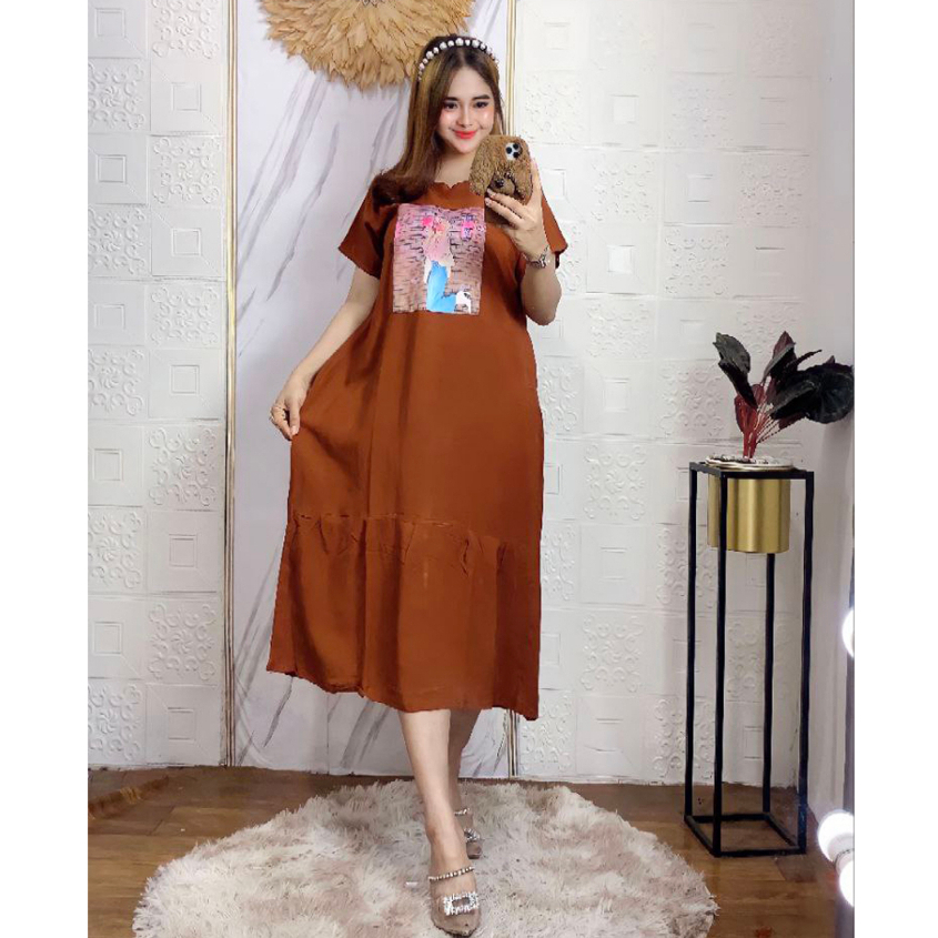 Daster Remaja Kekinian Dress Korea Selutut Lengan Pendek Polos Rayon Premium