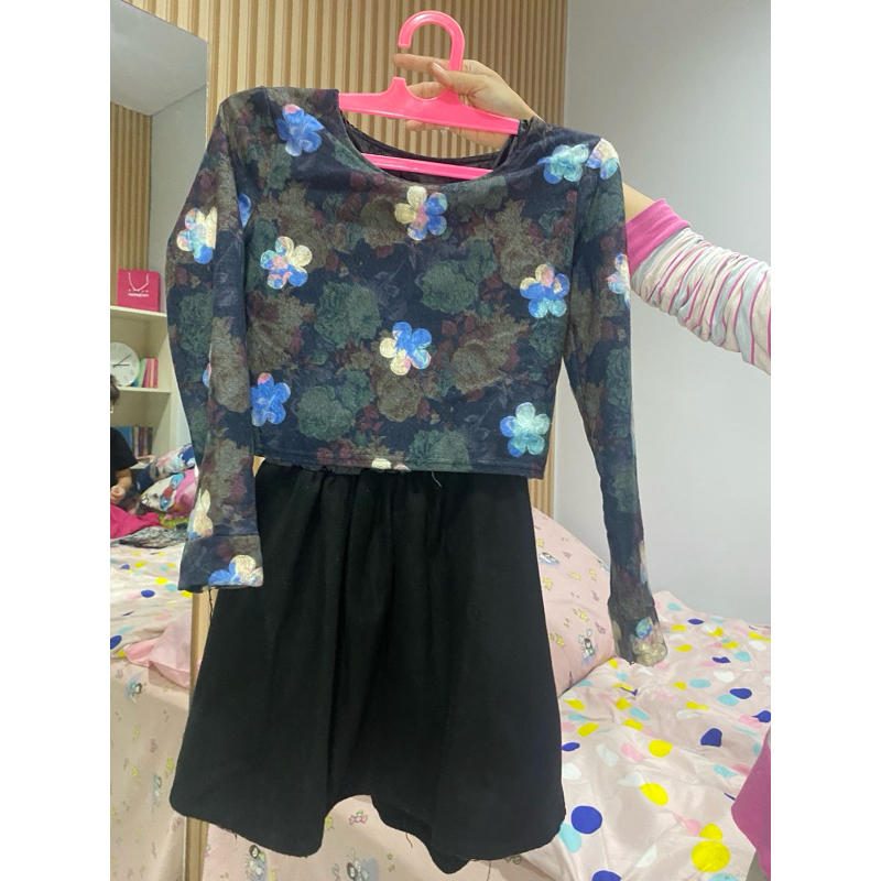 Mini Dress Lengan Panjang Motif Bunga Korean Style