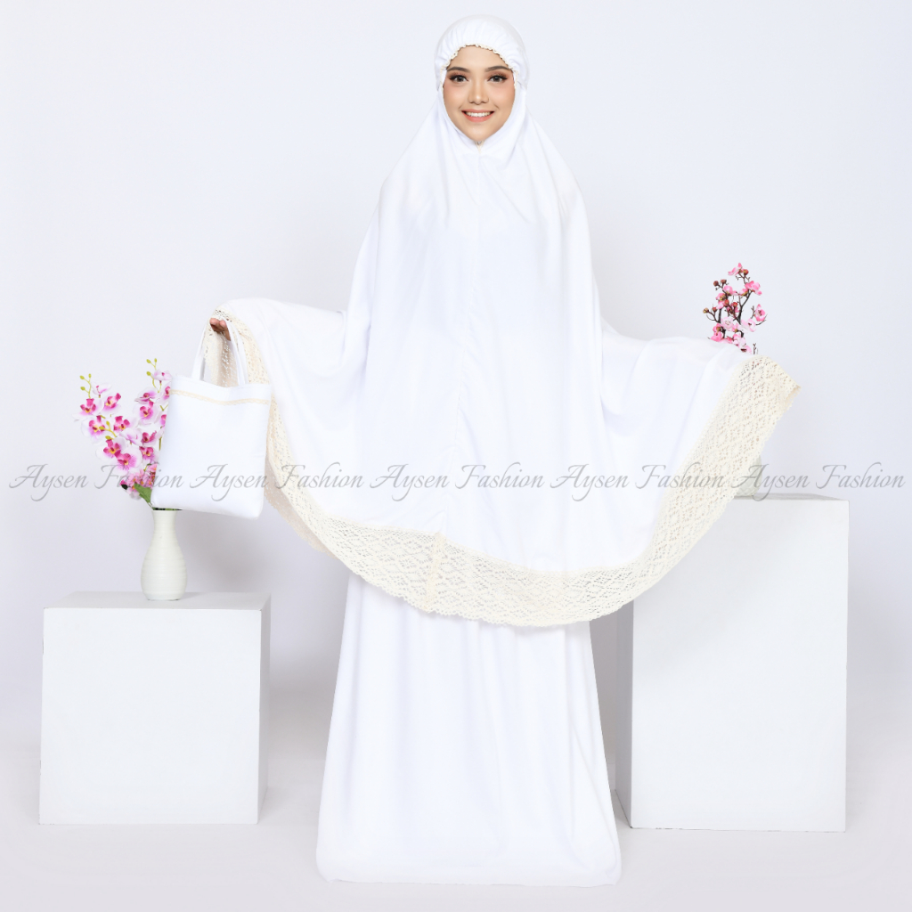 Mukena Dewasa Katun Polos Putih Renda