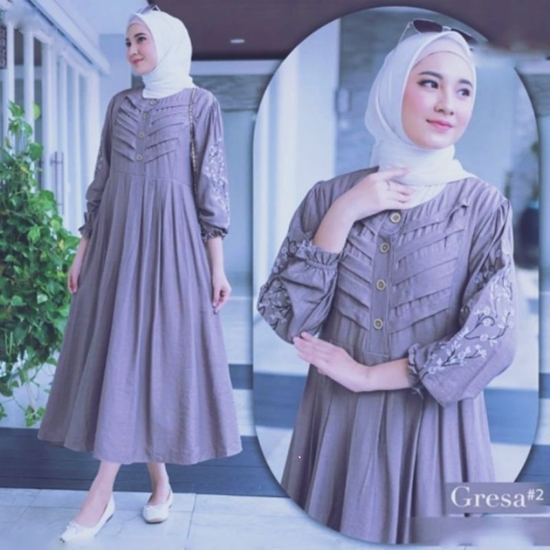 Gamis Midi Katun Linen Crespo Bordir Abu Terbaru Fashion Muslim Perempuan Dress