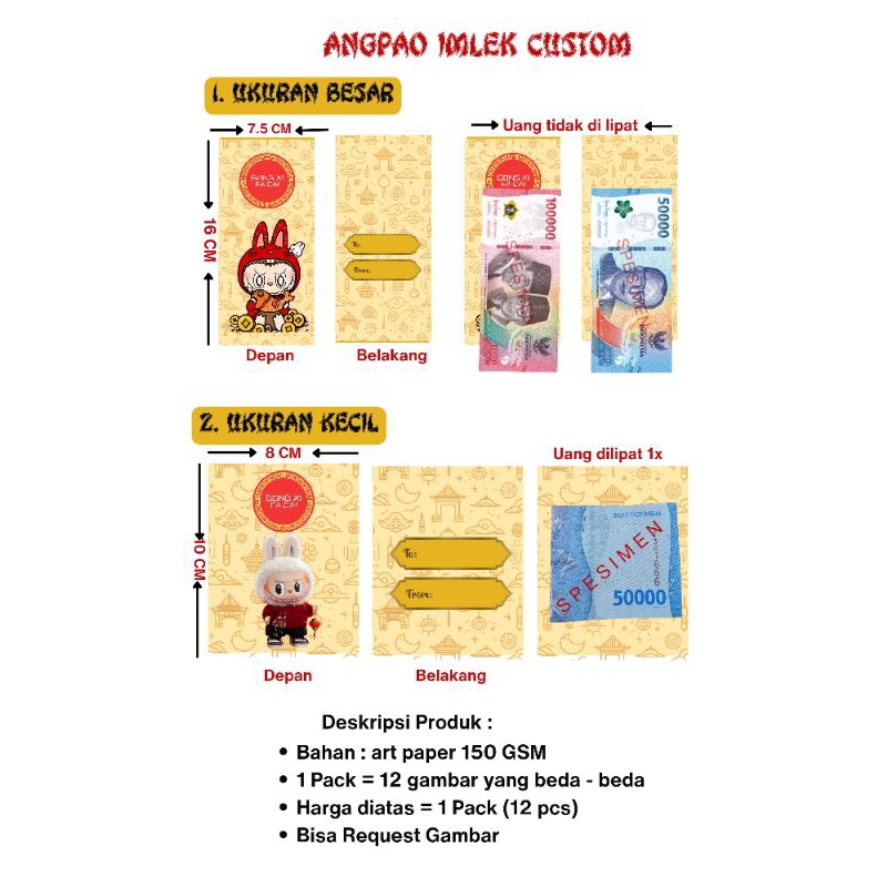 

Angpau imlek sincia labubu 2025 custom isi 12 lembar uang tidak dilipat motif beda setiap lembarnya cetak amplop tahun ular