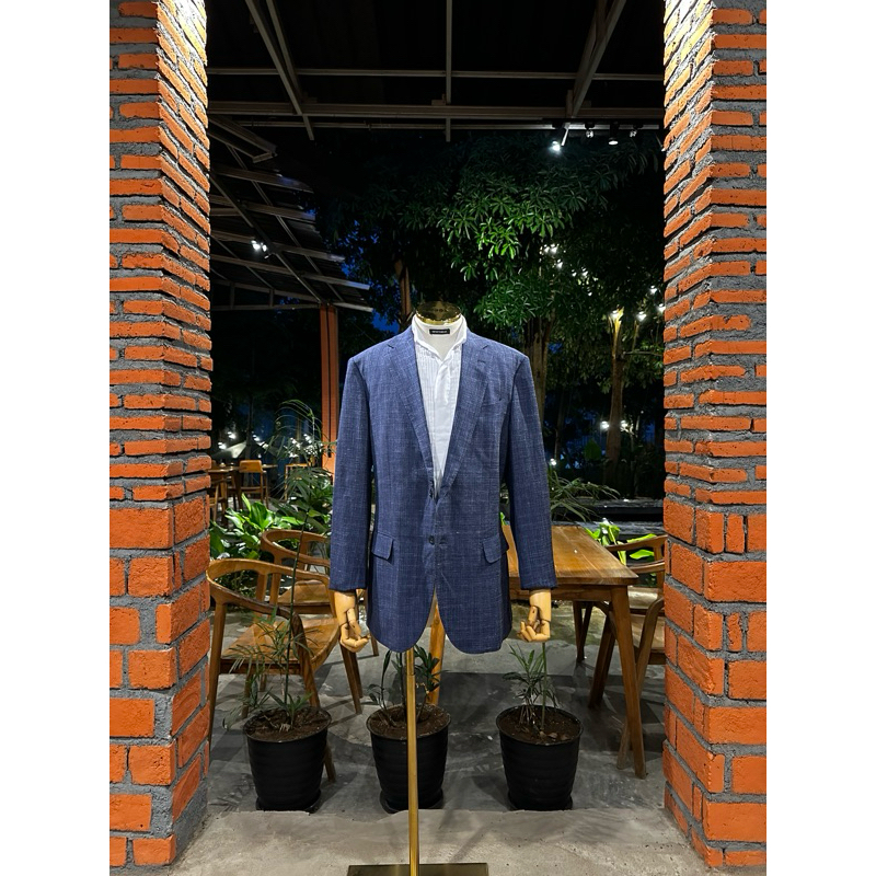 Blazer Pria biru navy motif tartan