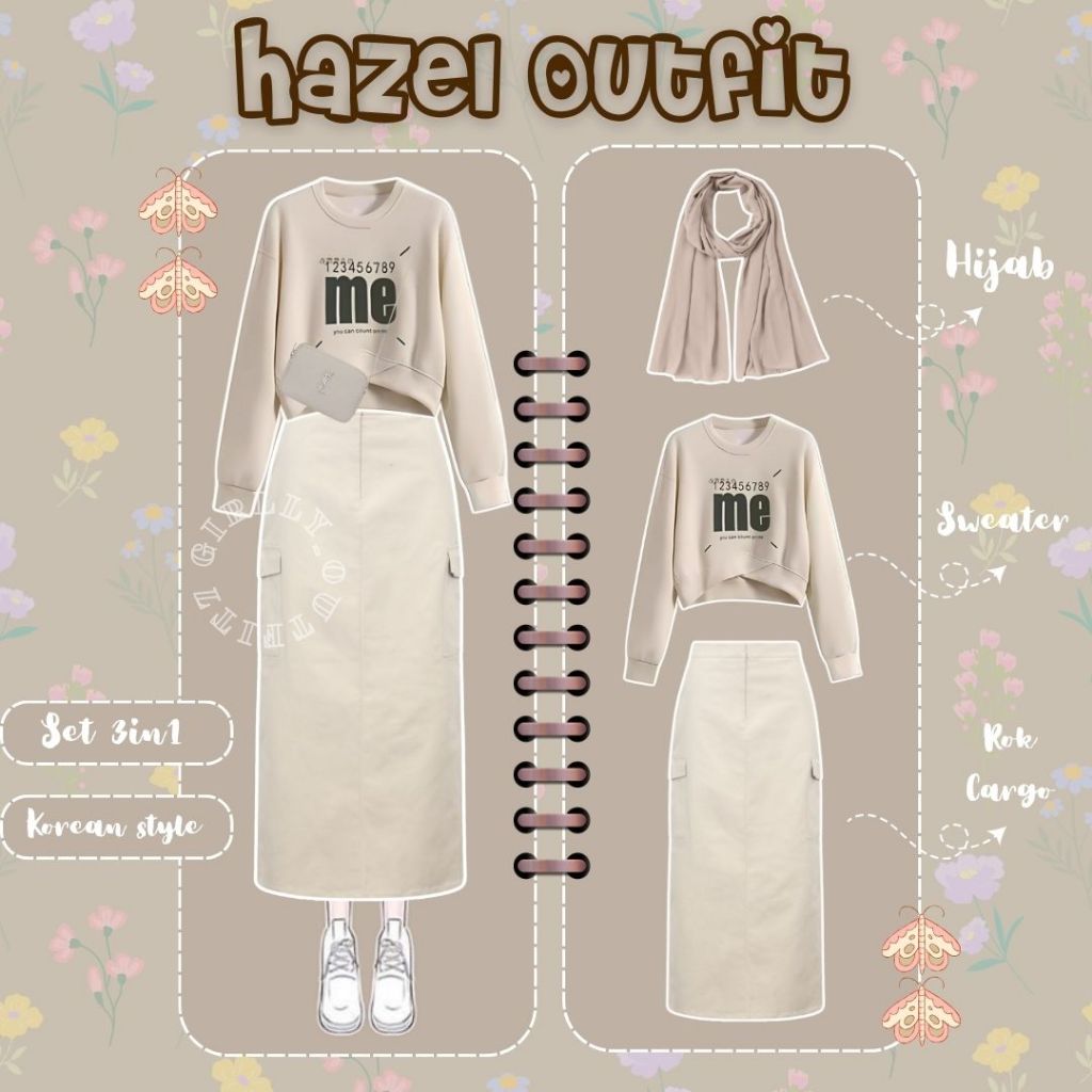 Hazel Outfit 3in1 ( Hijab + Sweater + Rok Cargo ) Outfit Idea Style remaja