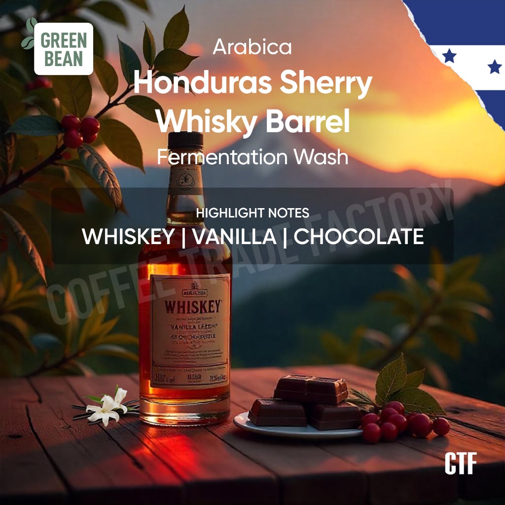 

Green Beans Arabika Honduras Sherry Whiskey Barrel Aging Fermentation Fullwashed / Coffee Trade Factory CTF / Green Bean Arabica Biji kopi mentah proses fermentasi full wash premium berkualitas greenbean specialty coffee
