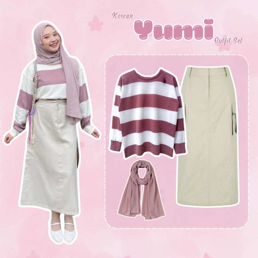 Yumi Outfit Set [Sweater + Rok Cargo + Pashmina]  OOTD Korean Simple Cocok Untuk Hangout dan Ngampus