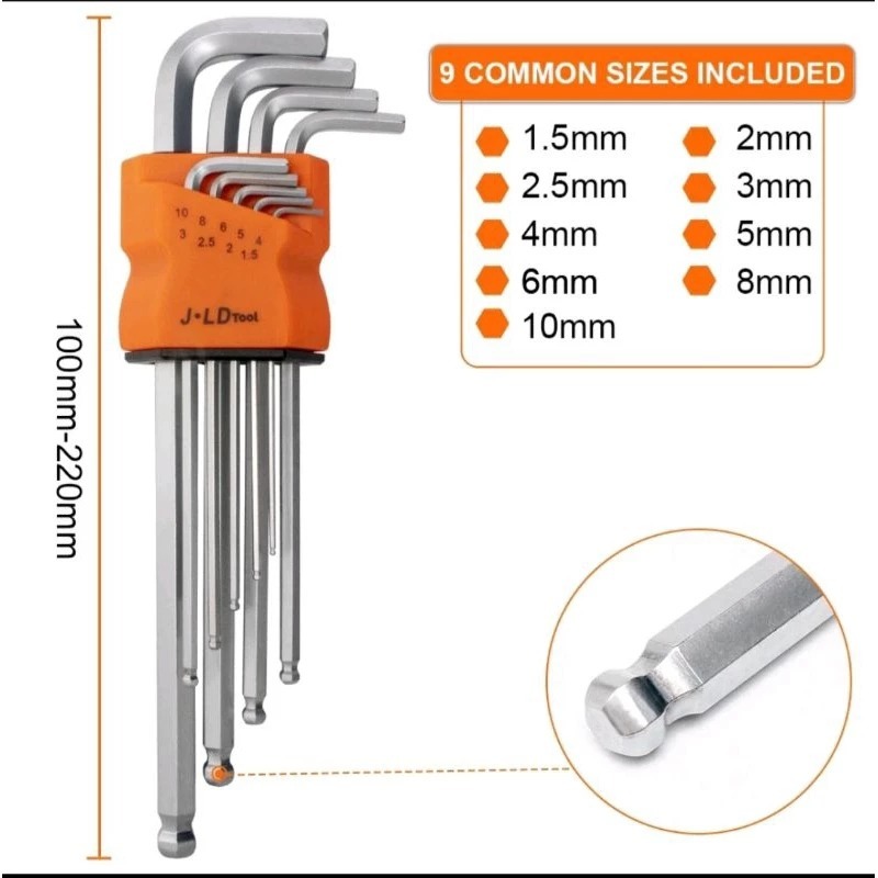 JLD kunci L BOLA 1 set lengkap 9pcs kunci l 1set komplit kunci l panjang 1 set lengkap T10-T50