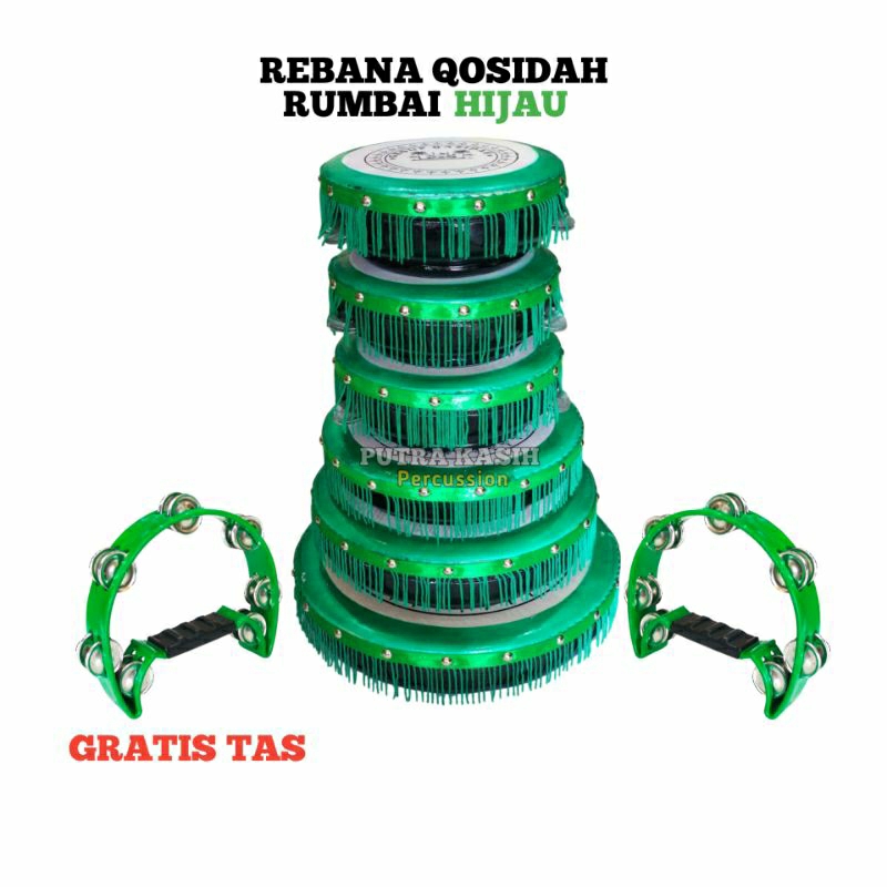 Rebana qosidah murah|Rebana qosidah rumbai hijau|Rebana qosidah susun 6+Tamborin 2