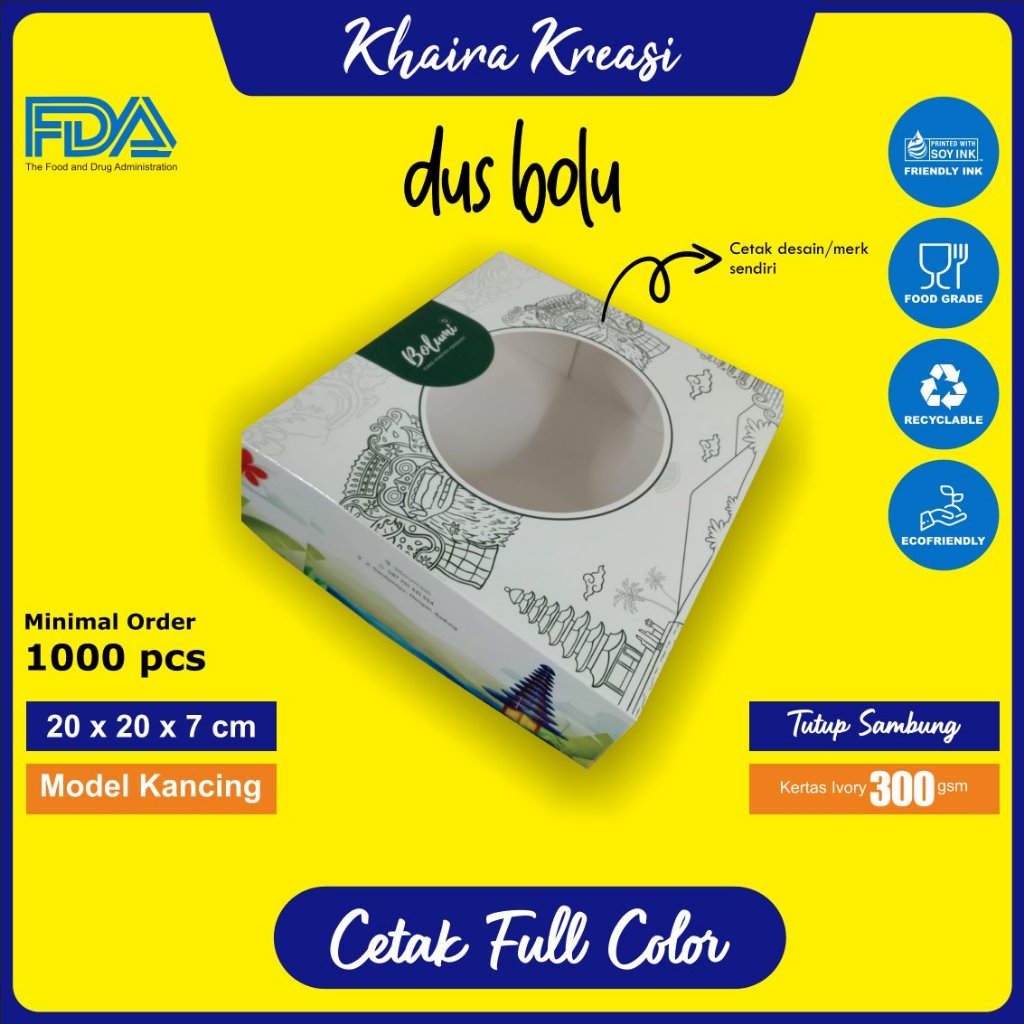 

Custom Cetak Dus Bolu 20x20x7 cm, Bagian Luar dan Dalam Full Laminasi, Minimal order 1000 pcs