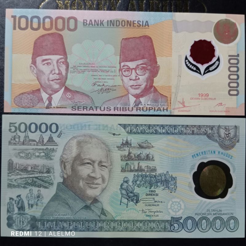 paket 2 lembar uang plastik polimer indonesia 50000 & 100000