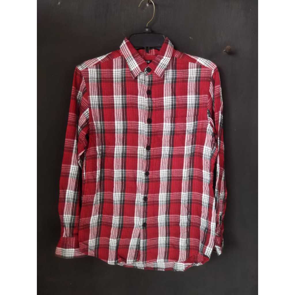 Kemeja flannel uniqlo plaid flannel shirt red check