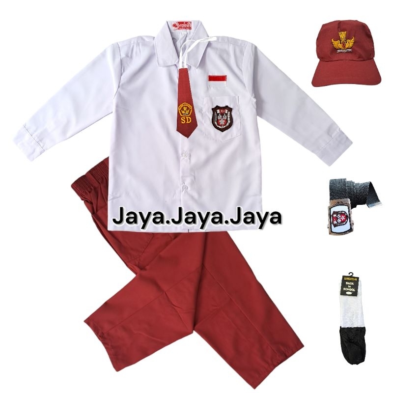 Setelan Seragam Sekolah SD Merah Putih Anak Laki-Laki Baju Putih Panjang Celana Merah Panjang