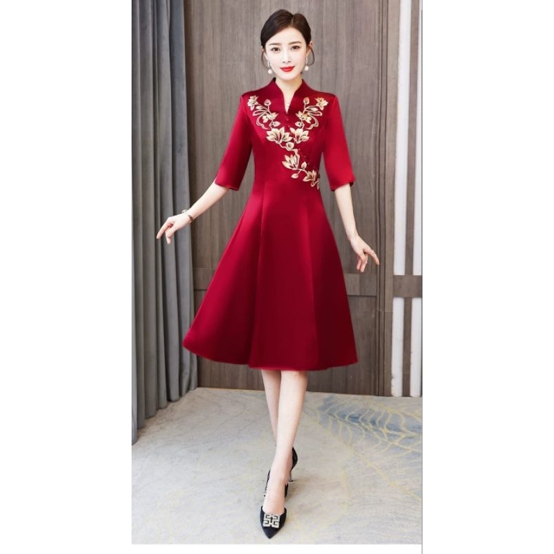 midi sleeve midi skirt dress cheongsam qipao qibao imlek cny sincia oriental chinesse premium europe