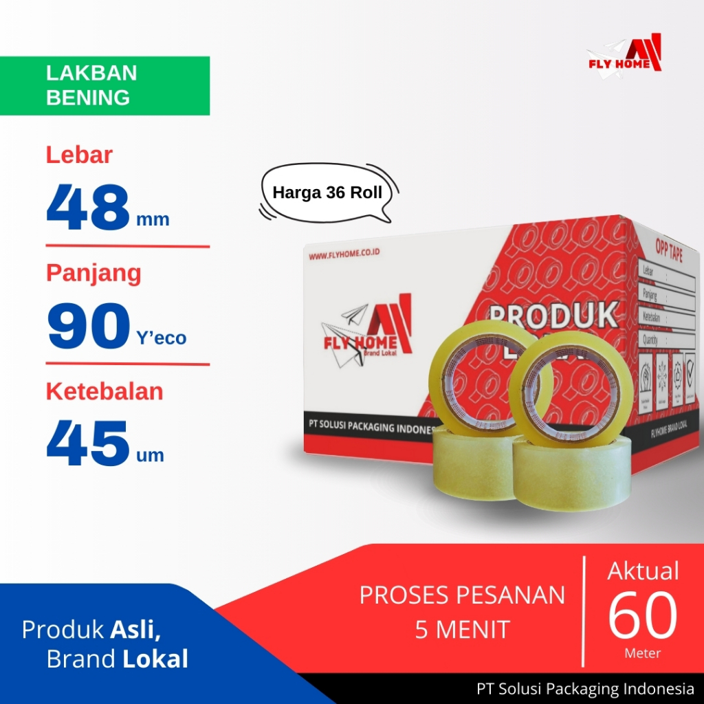 

FLYHOME Lakban bening 90yard 48mm x 90yard 2inci 36 roll 90 yard ECO