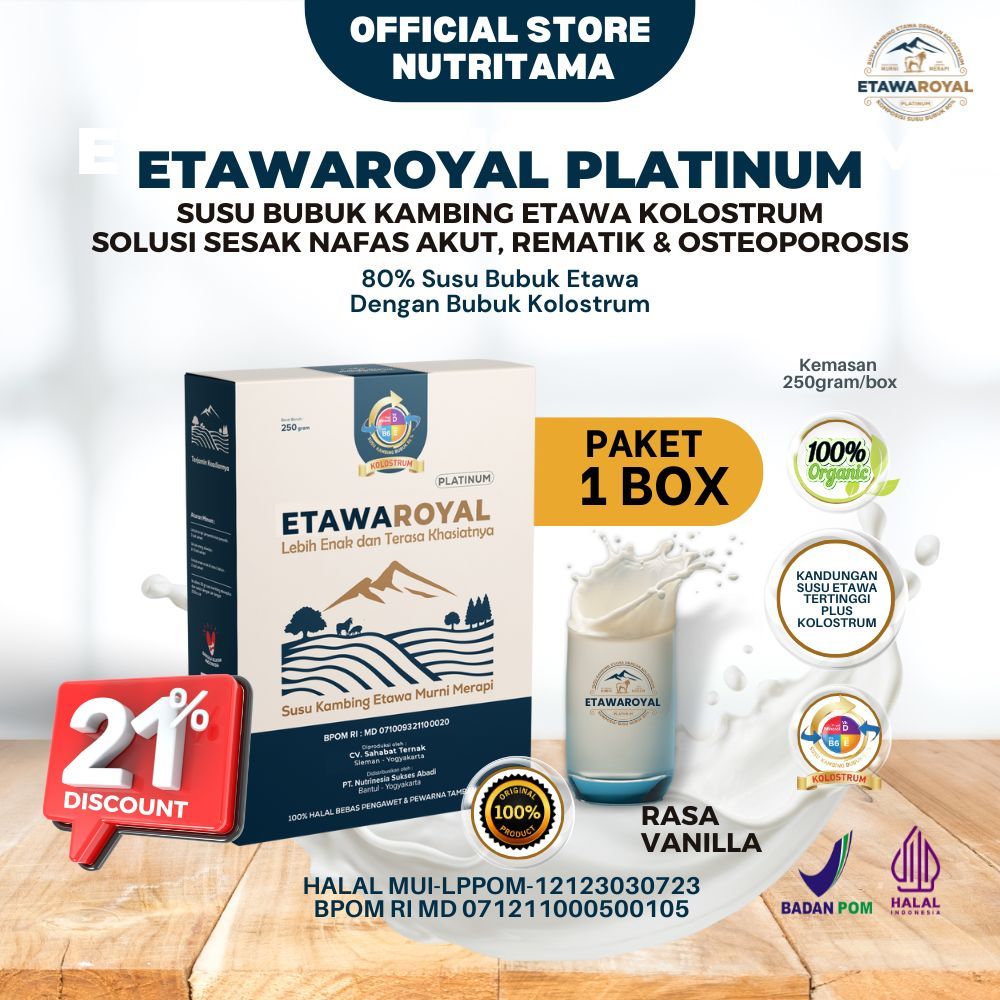 

Susu Kambing ETAWAROYAL Platinum Perubahan merk Etawaplus Platinum Asli - Untuk Sesak Nafas dan Nyeri Dada - Kemasan 250gr Paket 1 Box Rasa Vanilla