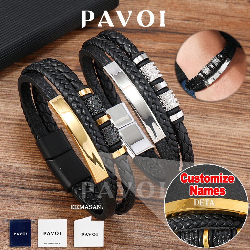 Gelang Kulit Pria Bebas Custom Nama Pria Wanita Gaya Casual Silver Gold Gelang Pria Retros