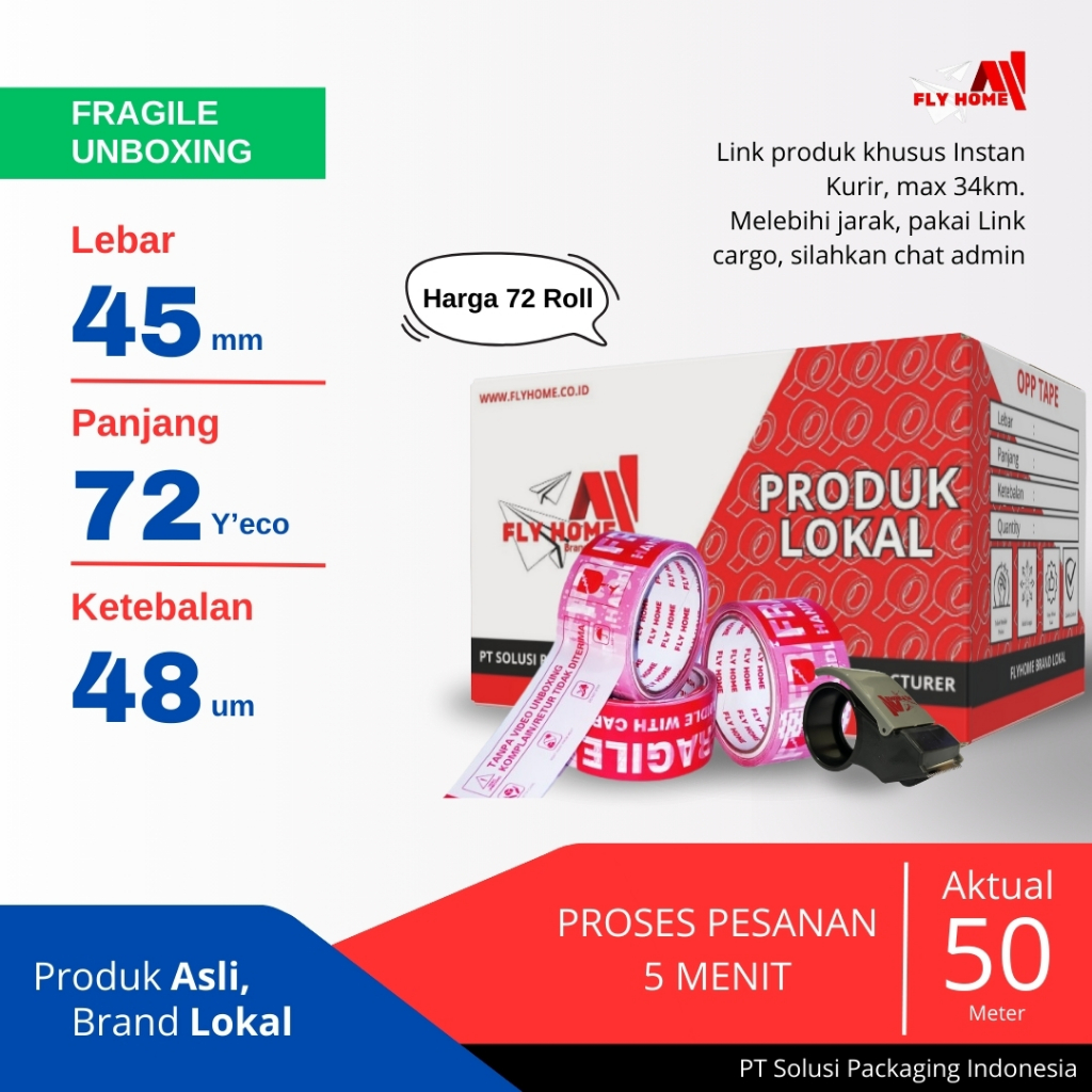 

FLYHOME Fragile unboxing 1 dus 72yard 45mm x 72yard 2inchi 72 roll lakban segel 72 yard ECO Instan