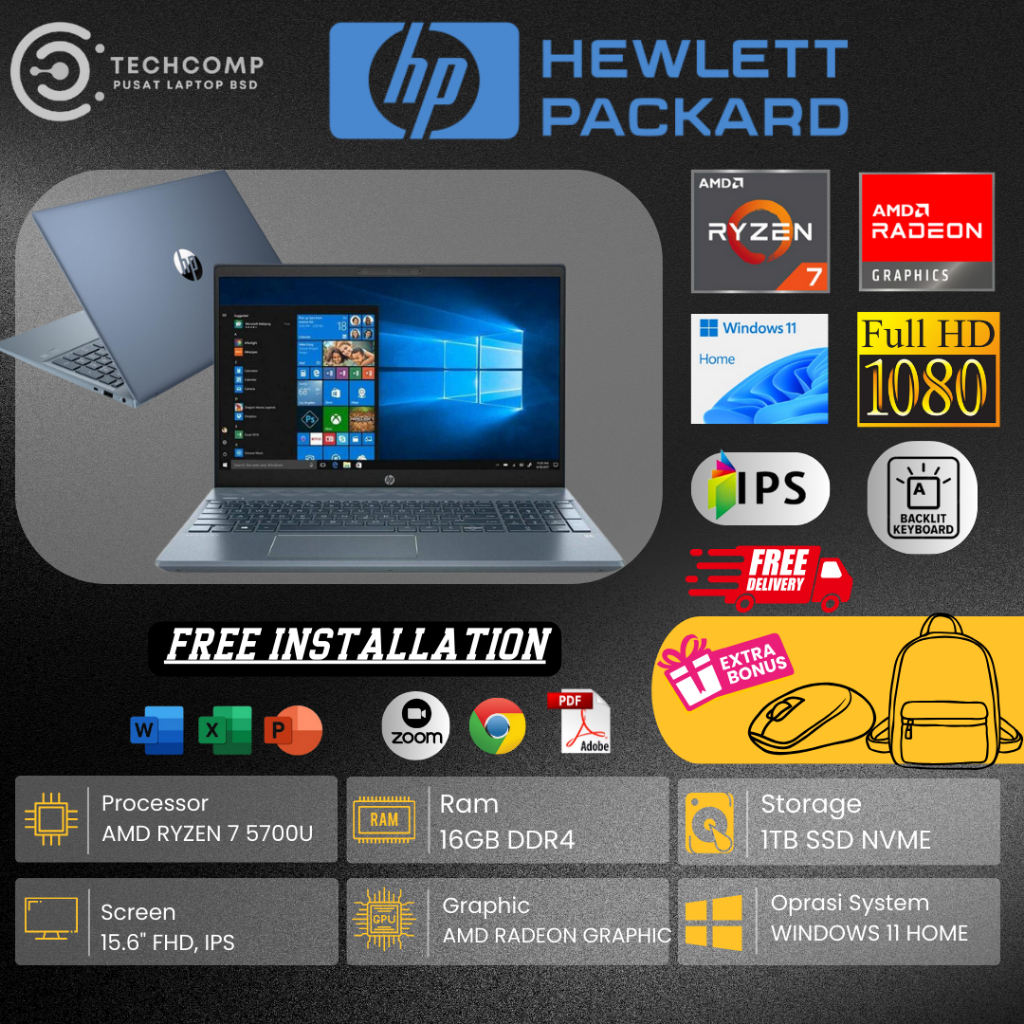 LAPTOP GAMING HP PAVILION 15 AMD RYZEN 7 5700U RAM 16GB 512GB SSD FHD IPS WINDOWS11 ORIGINAL TERBARU