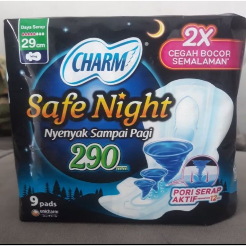 pembalut charm night 29cm wings isi 9 pads unicharm pembalut wanita