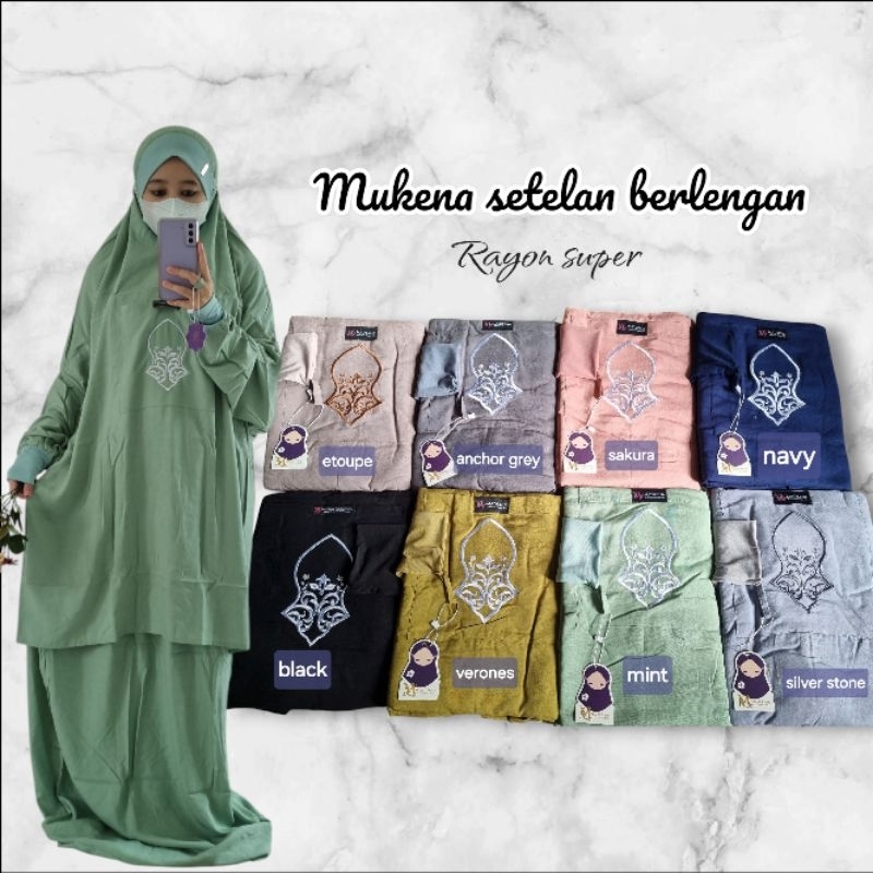 mukena madeena atas bawah malaysia/mukena setelan berlengan/ mukena atas bawah berlengan