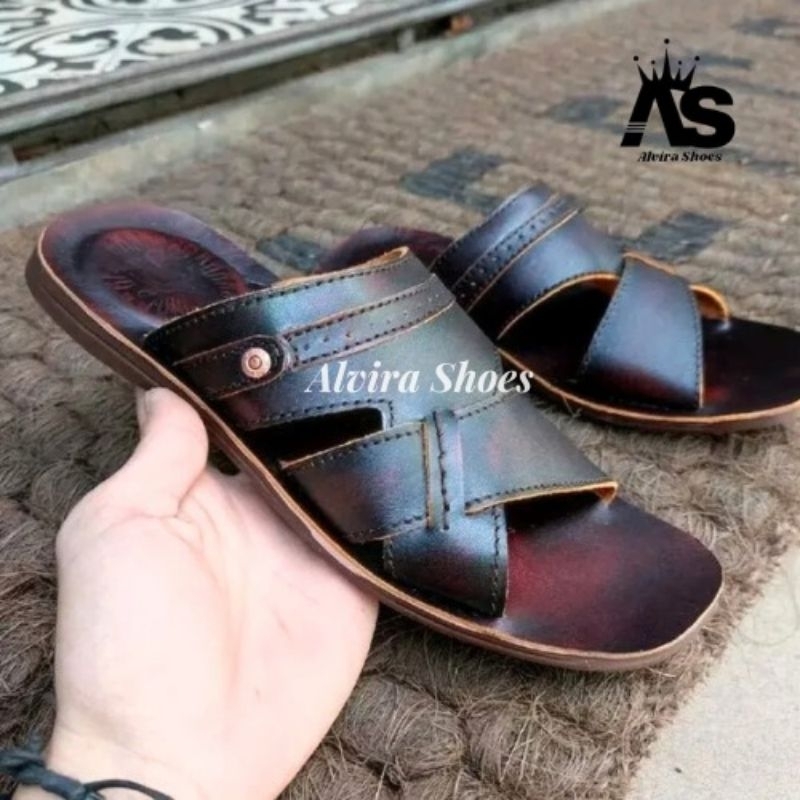 Sendal kokop pria kulit asli, Sendal kokop pria model silang, Sendal casual, sendal kulit trendy mas