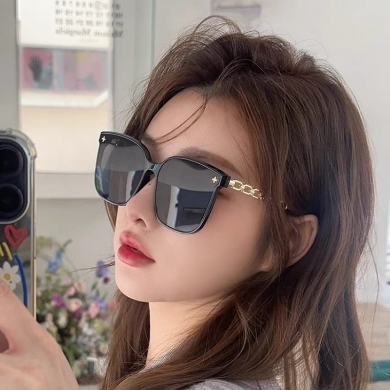 3M_PL-H023 Kacamata Hitam Wanita Frame Model Rantai Logam Plastik Oversized Women Sunglasses Chain F