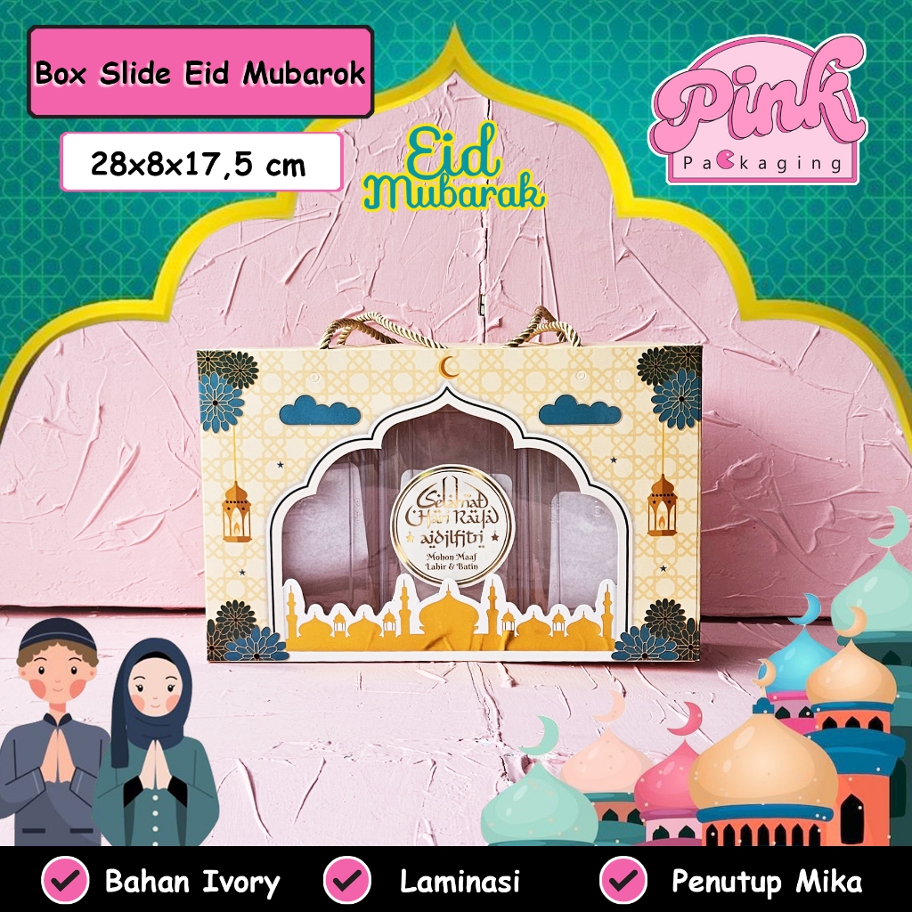 

Box Hampers SLIDE IVORY Eid Mubarak Dus Idul Fitri Dengan Motif Mewah Laminasi Window