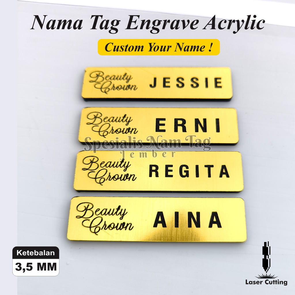 TERBARU READY SEHARI JADI Nametag GOLD SILVER LASER TEBAL  Nem tag PNS / Nametag Akrilik Gold dan Si